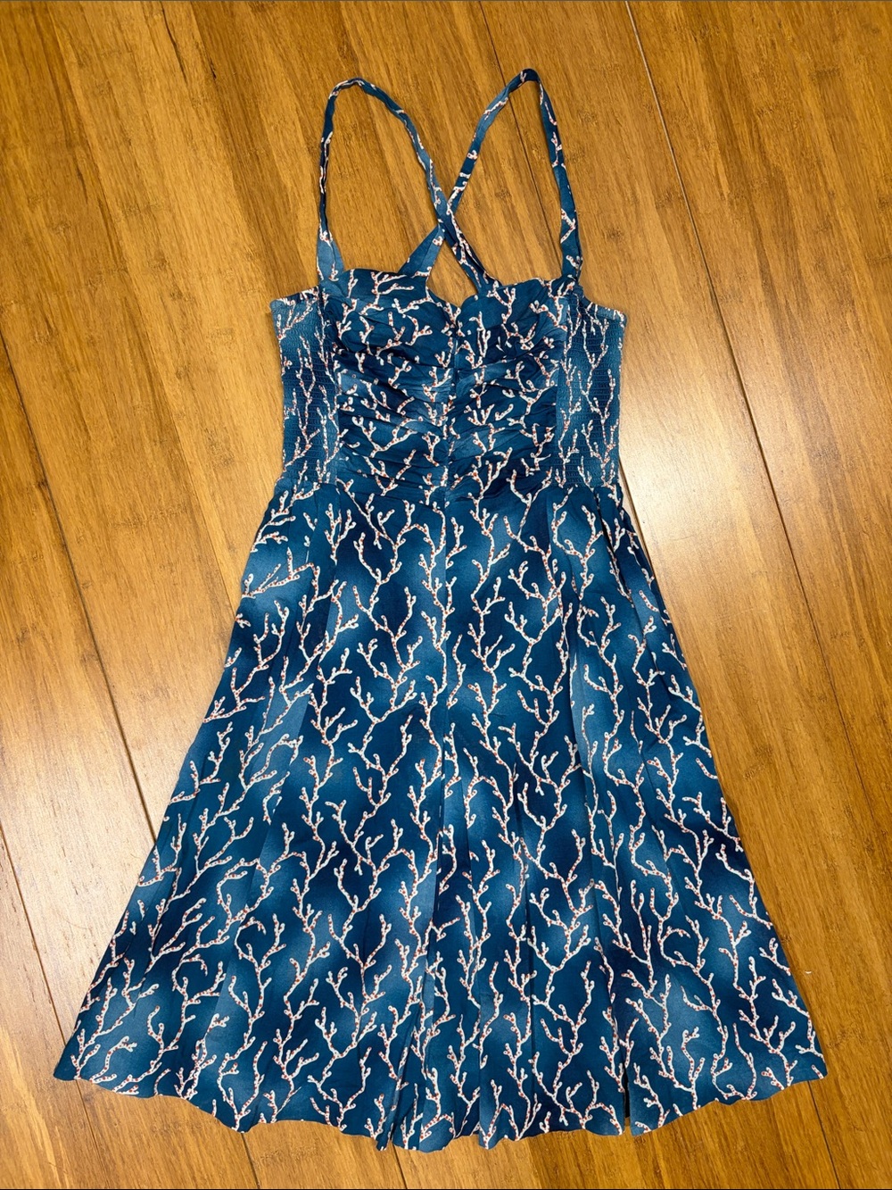 Anthropologie's HD in Paris Navy Blue Coral-Print Sundress with Straps size 4